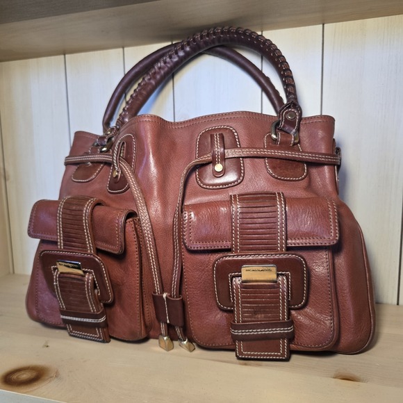 Michael Kors Handbags - Vtg Michael Kors Double Pocket Buckle Whipstitch Leather Brown Hand Shoulder Bag